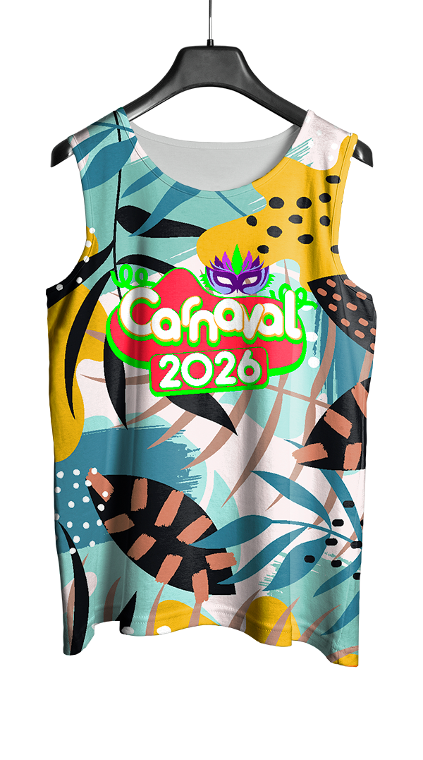 Arte Vetor Abadá Carnaval 2026 Branco e Flores Coloridas - Mockup Frente
