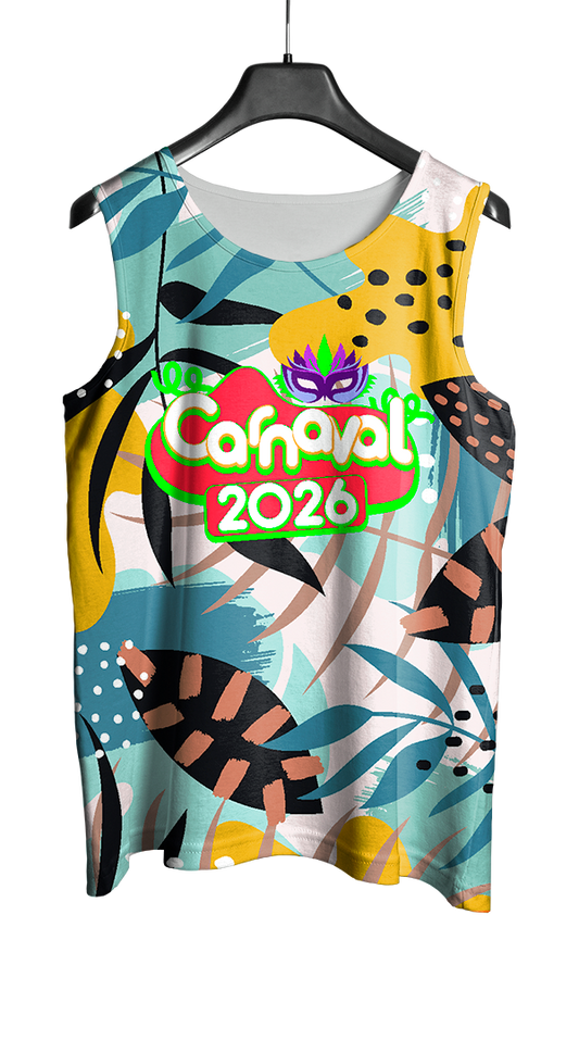 Arte Vetor Abadá Carnaval 2026 Branco e Flores Coloridas - Mockup Frente
