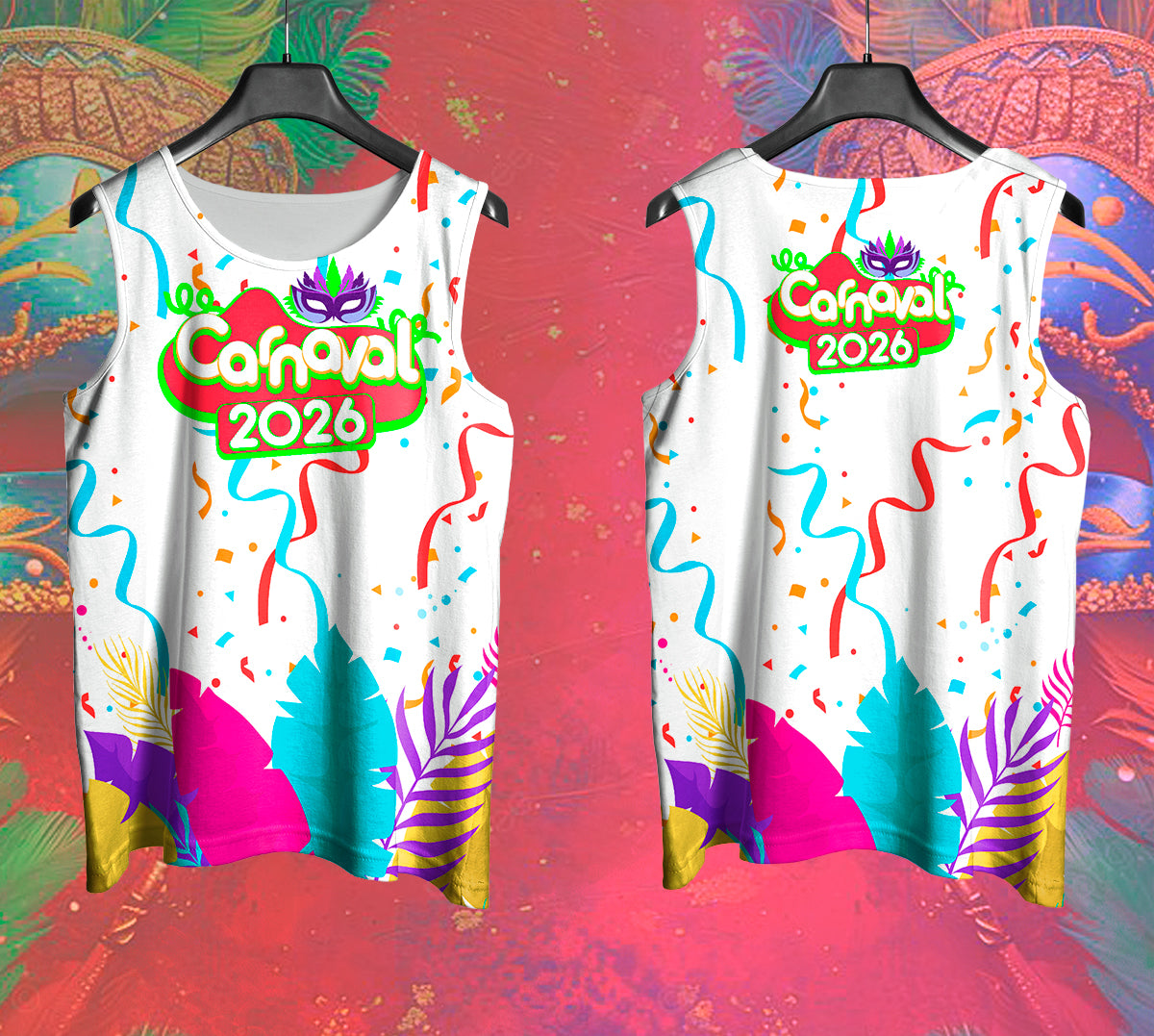 Arte Vetor Abadá Carnaval 2026 Branco e Fitas Coloridas - Mockup Frente e Costas em Cenário Carnaval
