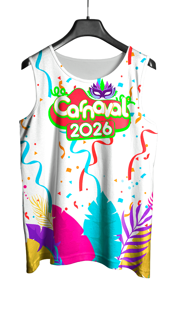 Arte Vetor Abadá Carnaval 2026 Branco e Fitas Coloridas - Mockup Frente