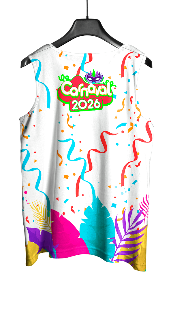 Arte Vetor Abadá Carnaval 2026 Branco e Fitas Coloridas - Mockup Costas