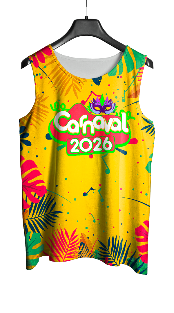 Arte Vetor Abadá Carnaval 2026 Amarelo e Folhas Coloridas - Mockup Frente