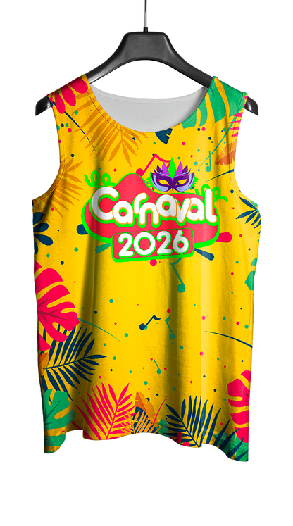 Arte Vetor Abadá Carnaval 2026 Amarelo e Folhas Coloridas - Mockup Frente
