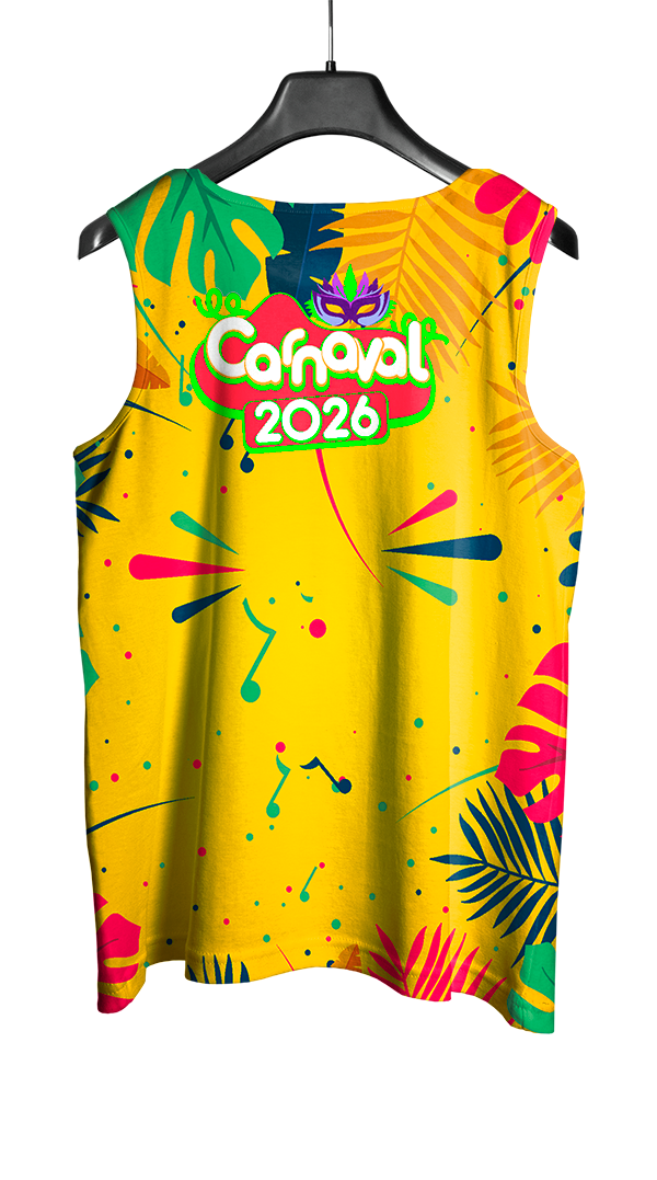 Arte Vetor Abadá Carnaval 2026 Amarelo e Folhas Coloridas - Mockup Costas