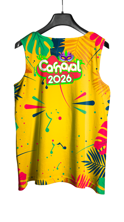 Arte Vetor Abadá Carnaval 2026 Amarelo e Folhas Coloridas - Mockup Costas