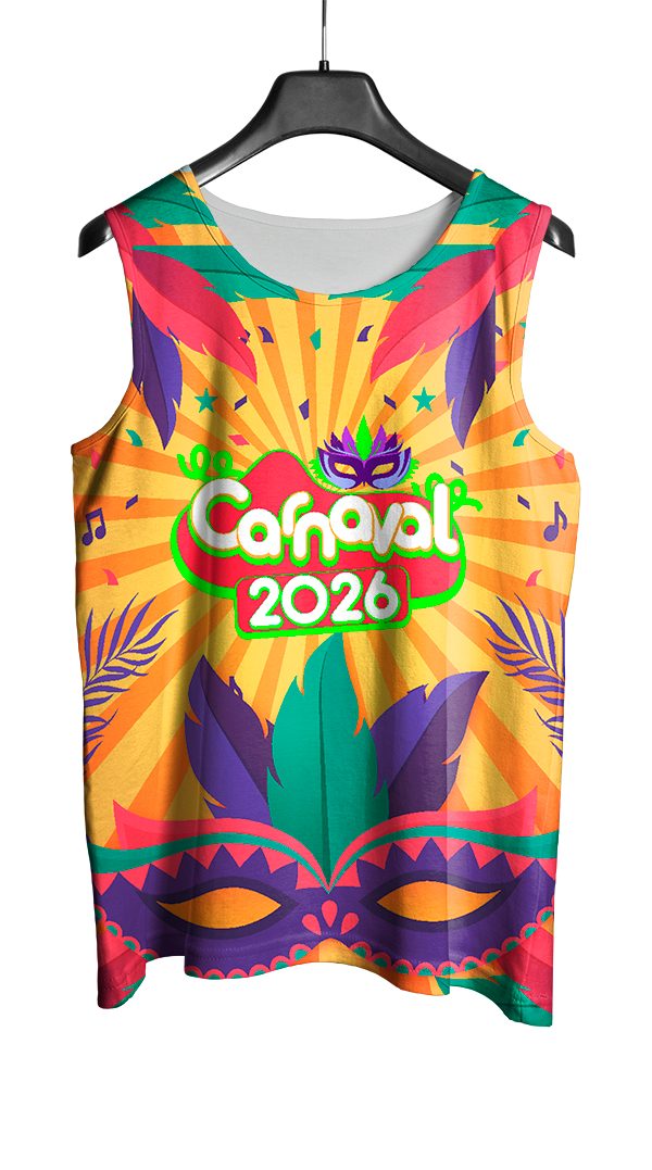 Arte Vetor Abadá Carnaval 2026 Máscaras em Fundo Amarelo - Mockup Frente