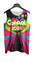 Arte Vetor Abadá Carnaval 2026 Fundo Preto com Detalhes Coloridos - Mockup Frente
