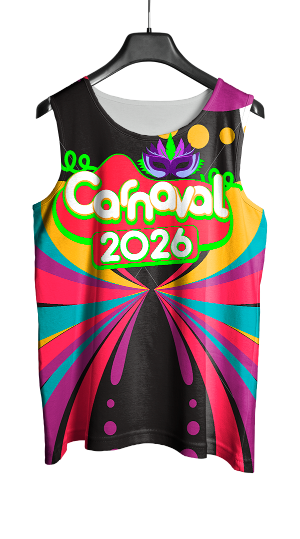 Arte Vetor Abadá Carnaval 2026 Fundo Preto com Detalhes Coloridos - Mockup Frente