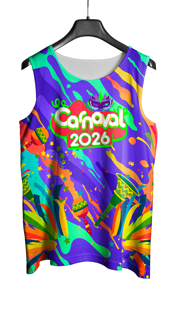Arte Vetor Abadá Carnaval 2026 Explosão de Cores e Chocalho - Mockup Frente
