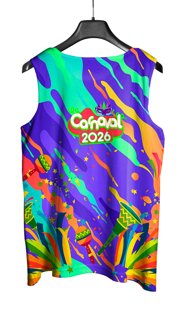 Arte Vetor Abadá Carnaval 2026 Explosão de Cores e Chocalho - Mockup Frente