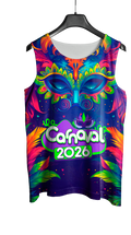 Mockup frente do abada Carnaval 2026 Máscara com arte vetorizada temática.