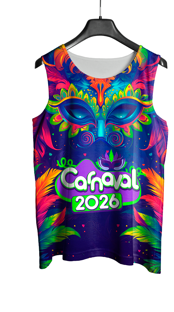 Mockup frente do abada Carnaval 2026 Máscara com arte vetorizada temática.