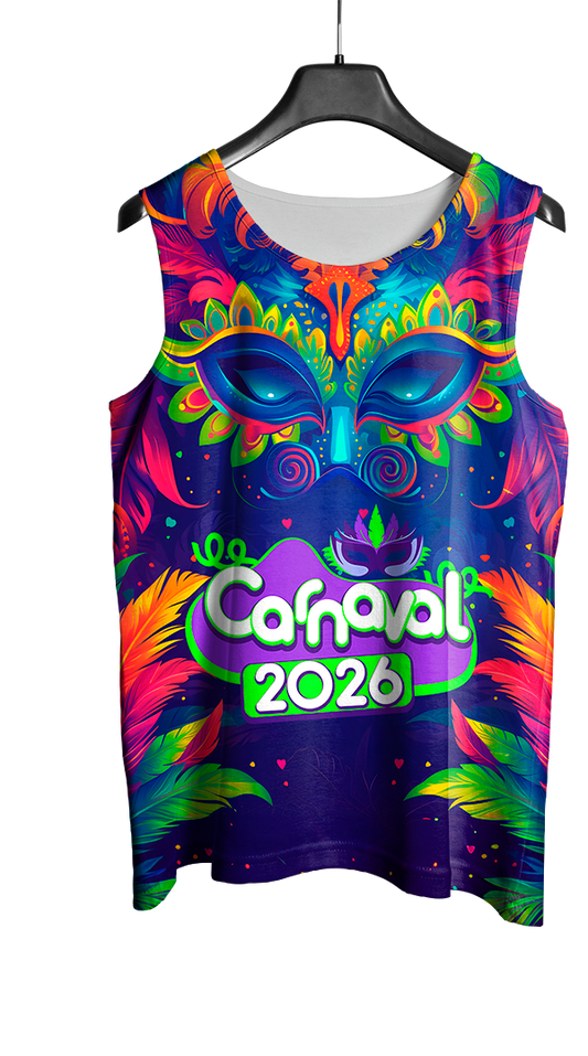 Mockup frente do abada Carnaval 2026 Máscara com arte vetorizada temática.