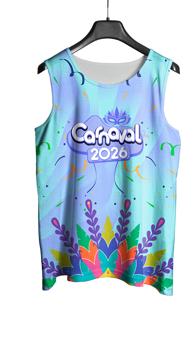 Arte Vetor Abadá Carnaval 2026 Azul Claro e Folhas Coloridas - Mockup Frente
