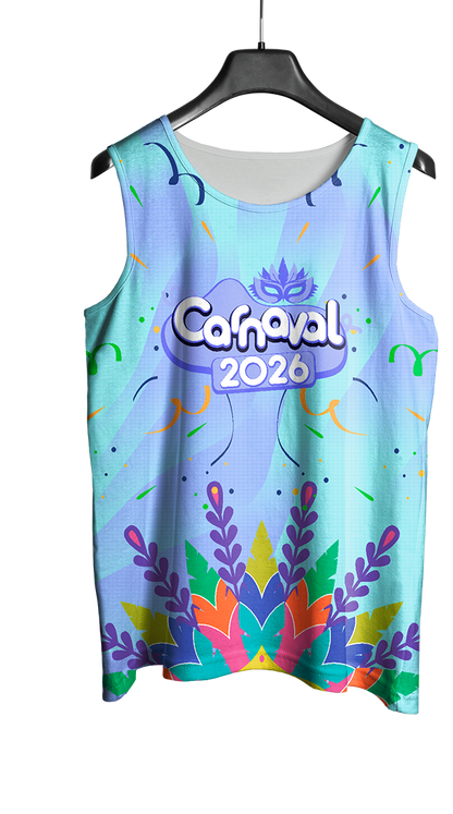 Arte Vetor Abadá Carnaval 2026 Azul Claro e Folhas Coloridas - Mockup Frente
