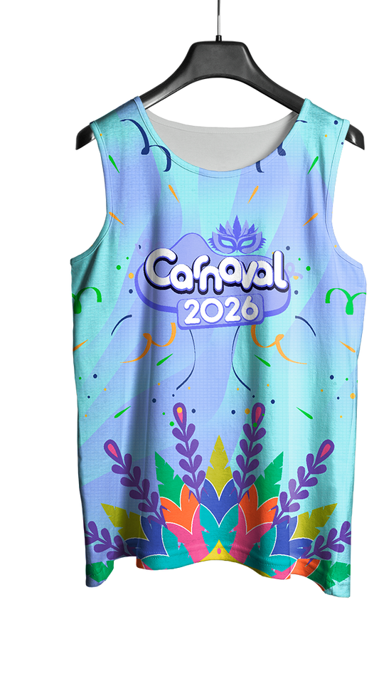 Arte Vetor Abadá Carnaval 2026 Azul Claro e Folhas Coloridas - Mockup Frente

