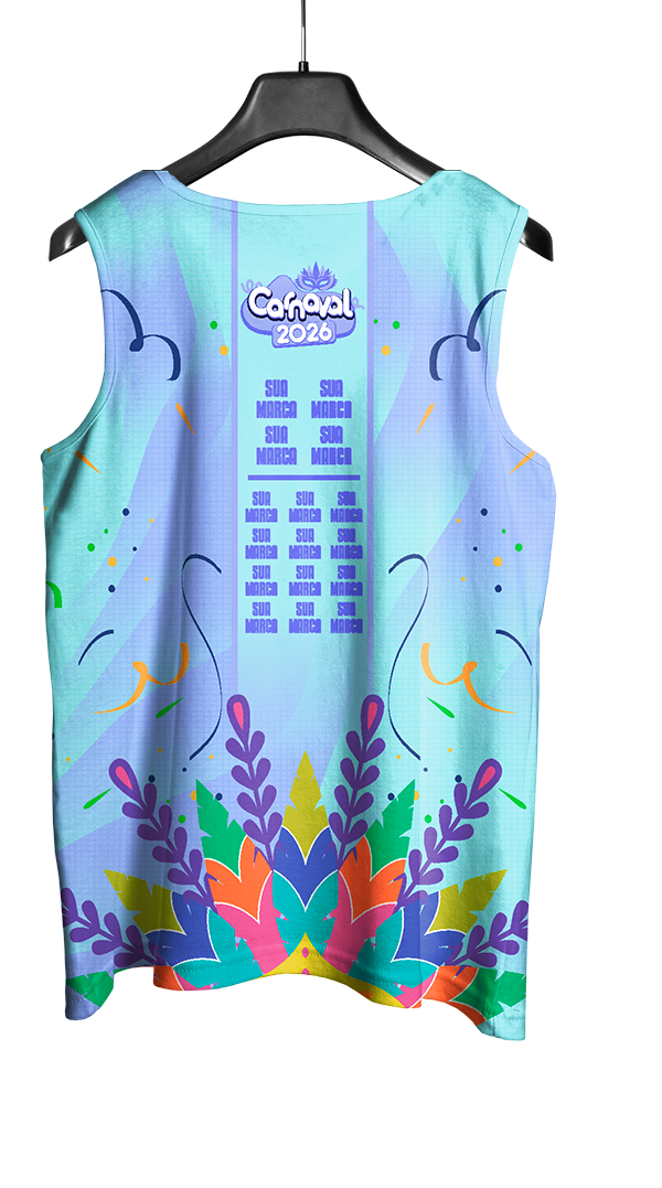 Arte Vetor Abadá Carnaval 2026 Azul Claro e Folhas Coloridas - Mockup Costas