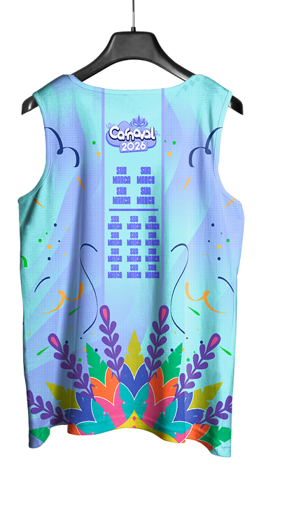 Arte Vetor Abadá Carnaval 2026 Azul Claro e Folhas Coloridas - Mockup Costas