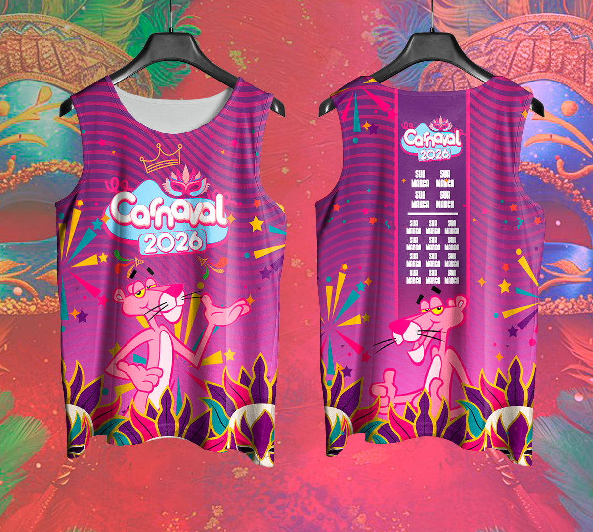 Arte Vetor Abadá Carnaval 2026 Tema Pantera Cor de Rosa - Mockup Frente e Costas em Cenário Carnaval
