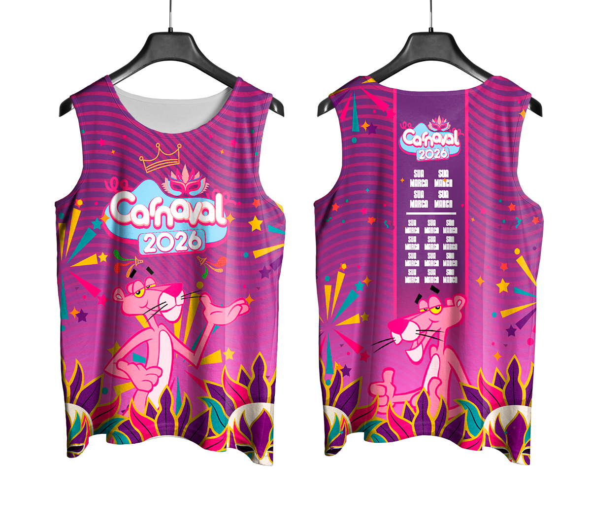 Arte Vetor Abadá Carnaval 2026 Tema Pantera Cor de Rosa - Mockup Frente e Costas com Fundo Transparente
