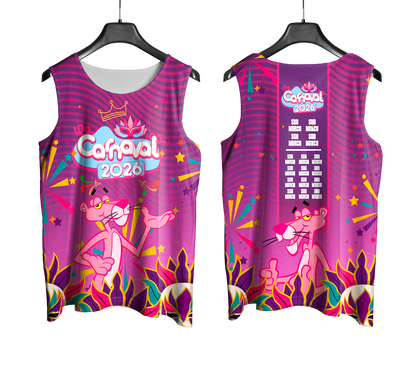 Arte Vetor Abadá Carnaval 2026 Tema Pantera Cor de Rosa - Mockup Frente e Costas com Fundo Transparente
