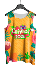 Arte Vetor Abadá Carnaval 2026 Fundo Amarelo e Flamingos - Mockup Frente

