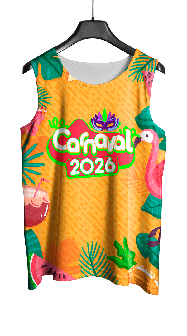 Arte Vetor Abadá Carnaval 2026 Fundo Amarelo e Flamingos - Mockup Frente
