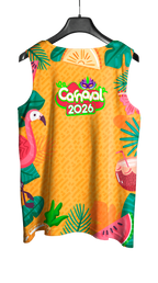 Arte Vetor Abadá Carnaval 2026 Fundo Amarelo e Flamingos - Mockup Costas