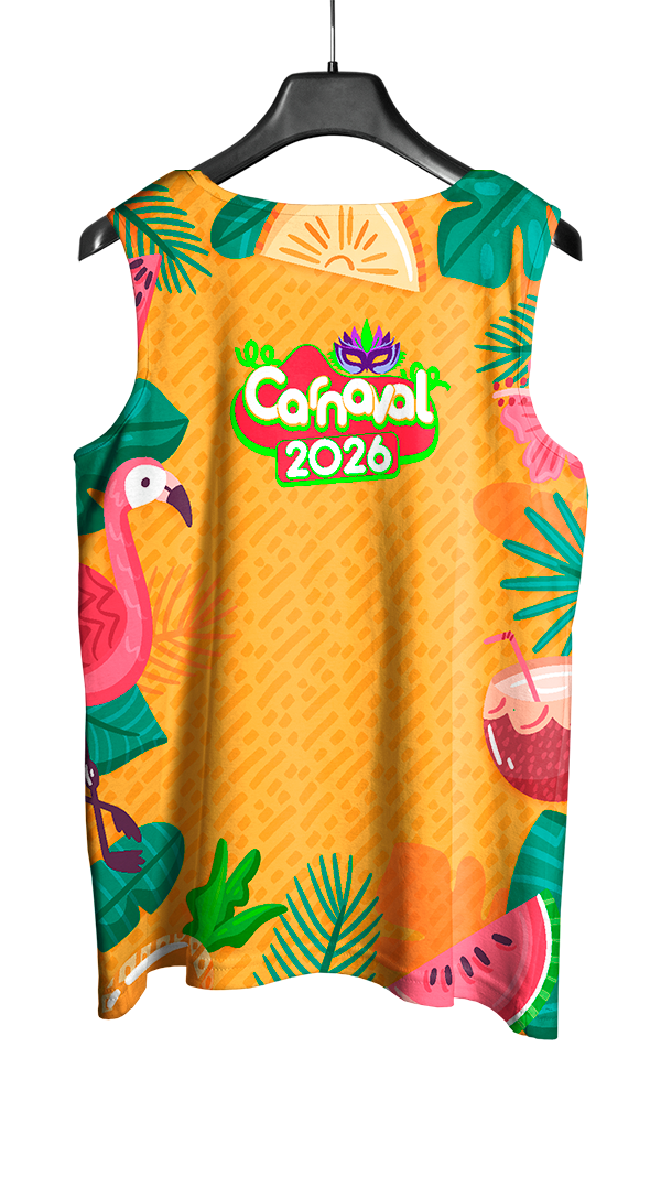 Arte Vetor Abadá Carnaval 2026 Fundo Amarelo e Flamingos - Mockup Costas
