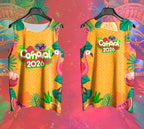 Arte Vetor Abadá Carnaval 2026 Fundo Amarelo e Flamingos - Mockup Frente e Costas em Cenário Carnaval
