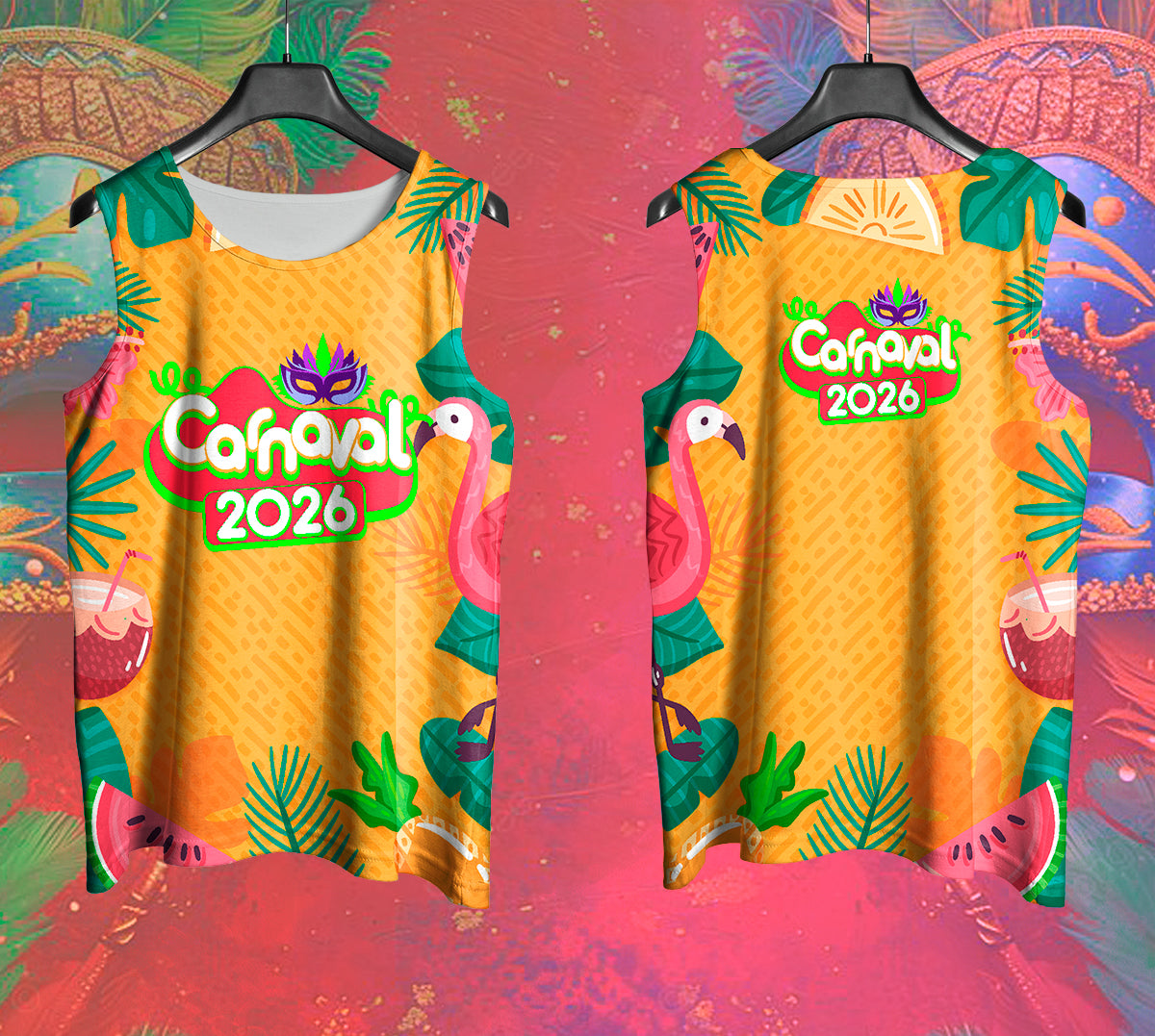 Arte Vetor Abadá Carnaval 2026 Fundo Amarelo e Flamingos - Mockup Frente e Costas em Cenário Carnaval
