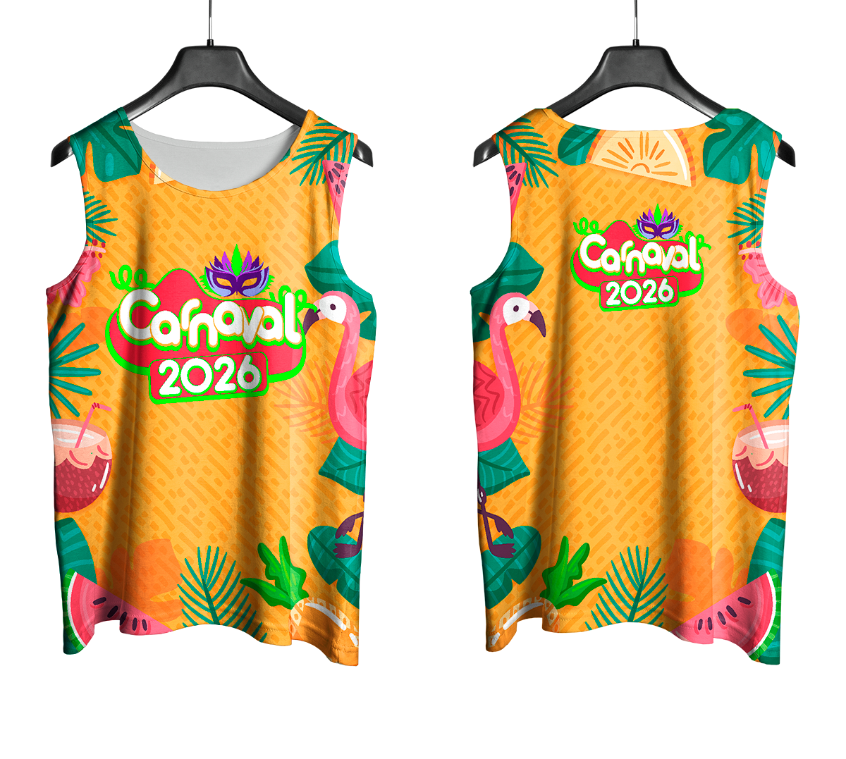Arte Vetor Abadá Carnaval 2026 Fundo Amarelo e Flamingos - Mockup Frente e Costas com Fundo Transparente
