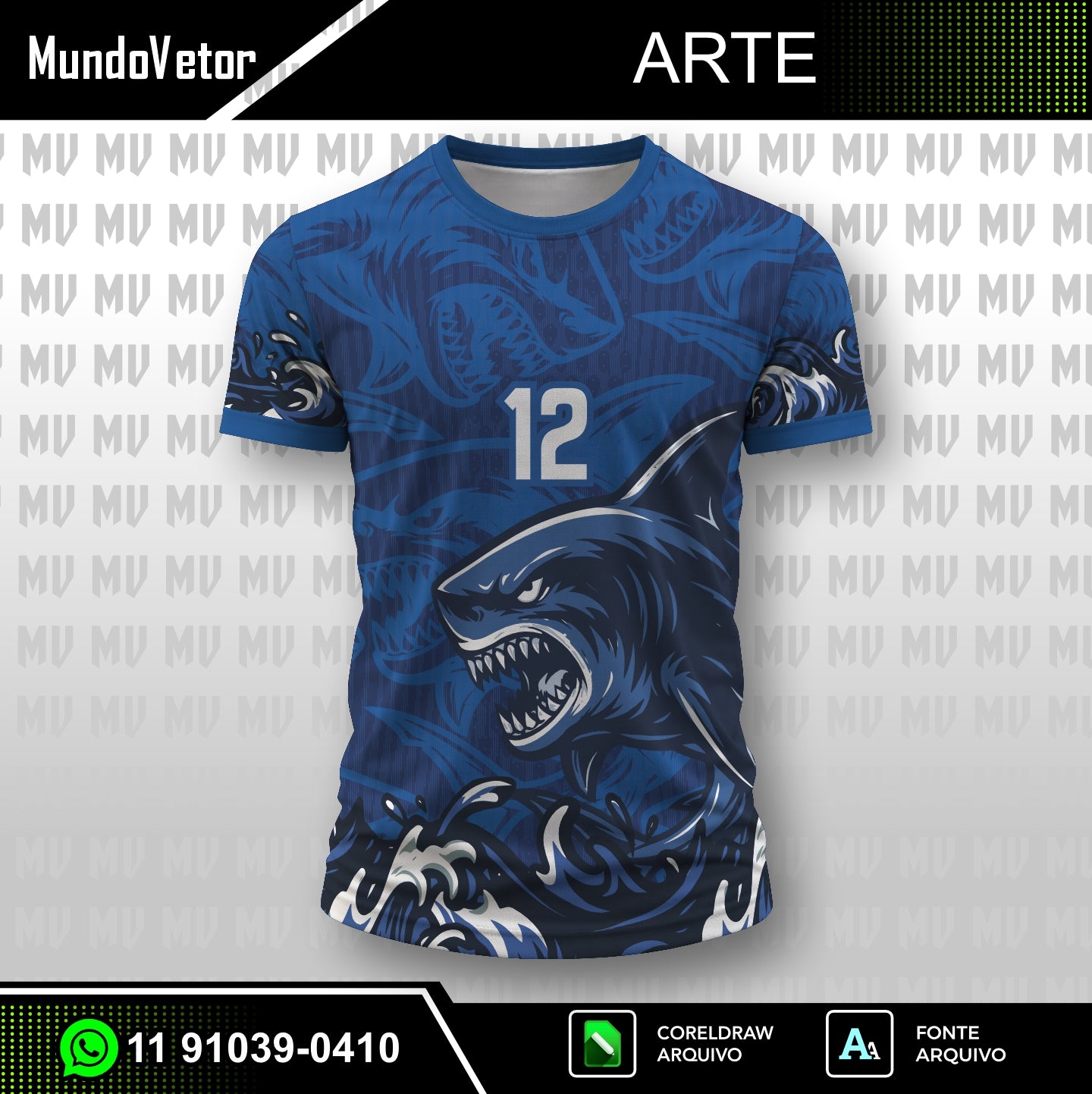 arte digital vetor camisa estampa tubarão azul