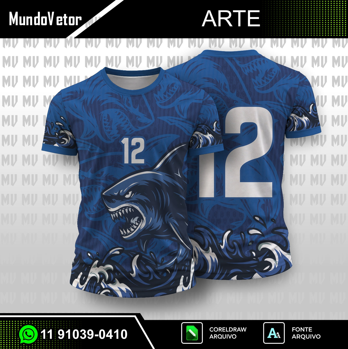 arte digital vetor camisa estampa tubarão azul
