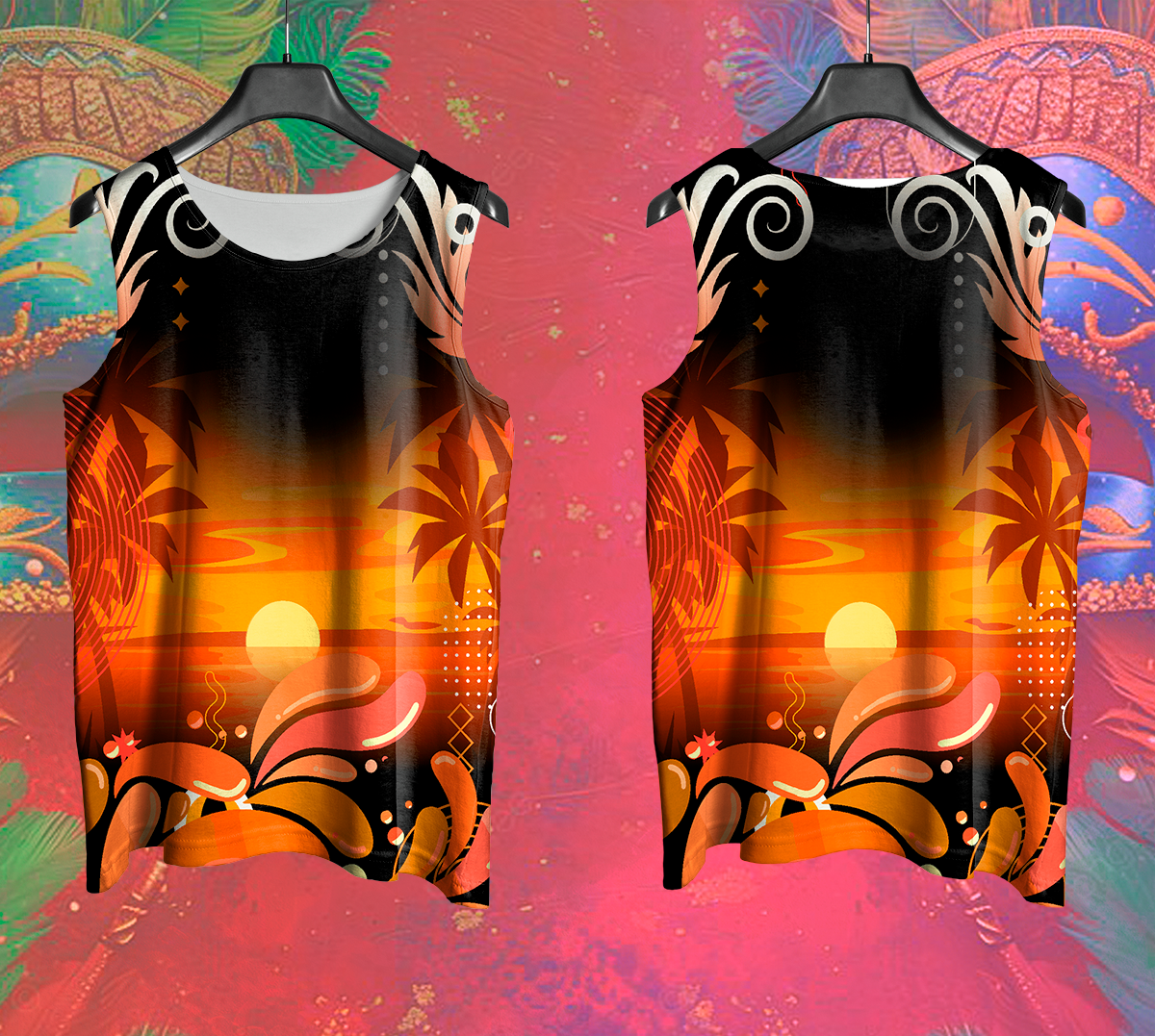 Mockup frente e costas do abada Carnaval 2026 Por do Sol, fundo de Carnaval vermelho