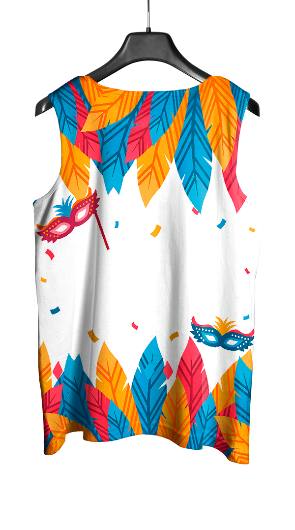 Arte Vetor Abadá Carnaval 2026 Máscara e Folhas Coloridas - Mockup Costas