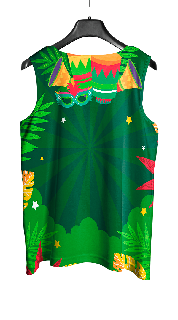 Arte Vetor Abadá Carnaval 2026 Folhas Verdes e Fundo Verde - Mockup Costas