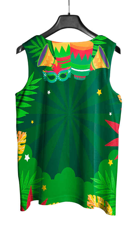 Arte Vetor Abadá Carnaval 2026 Folhas Verdes e Fundo Verde - Mockup Costas