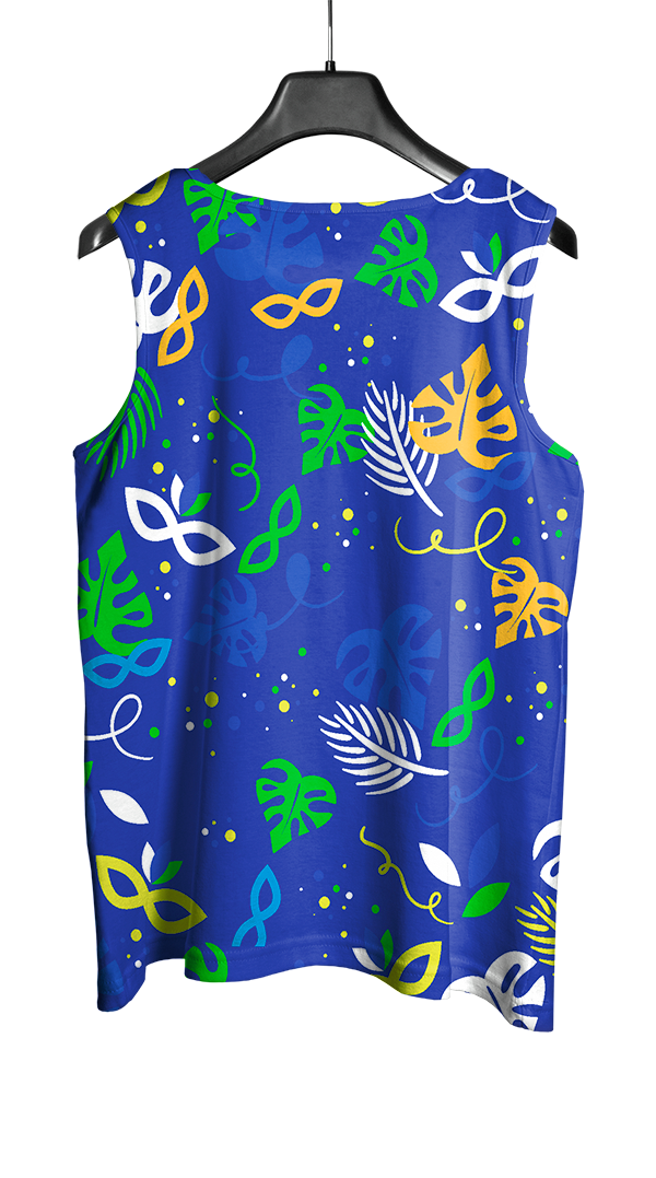 Arte Vetor Abadá Carnaval 2026 Fundo Azul e Máscaras Coloridas - Mockup Costas