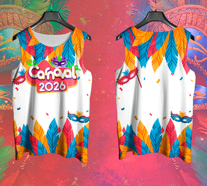 Arte Vetor Abadá Carnaval 2026 Máscara e Folhas Coloridas - Mockup Frente e Costas em Cenário Carnaval
