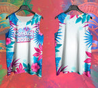 Mockup frente e costas do abada Carnaval 2026 Folhas e Flores com fundo de Carnaval vermelho.