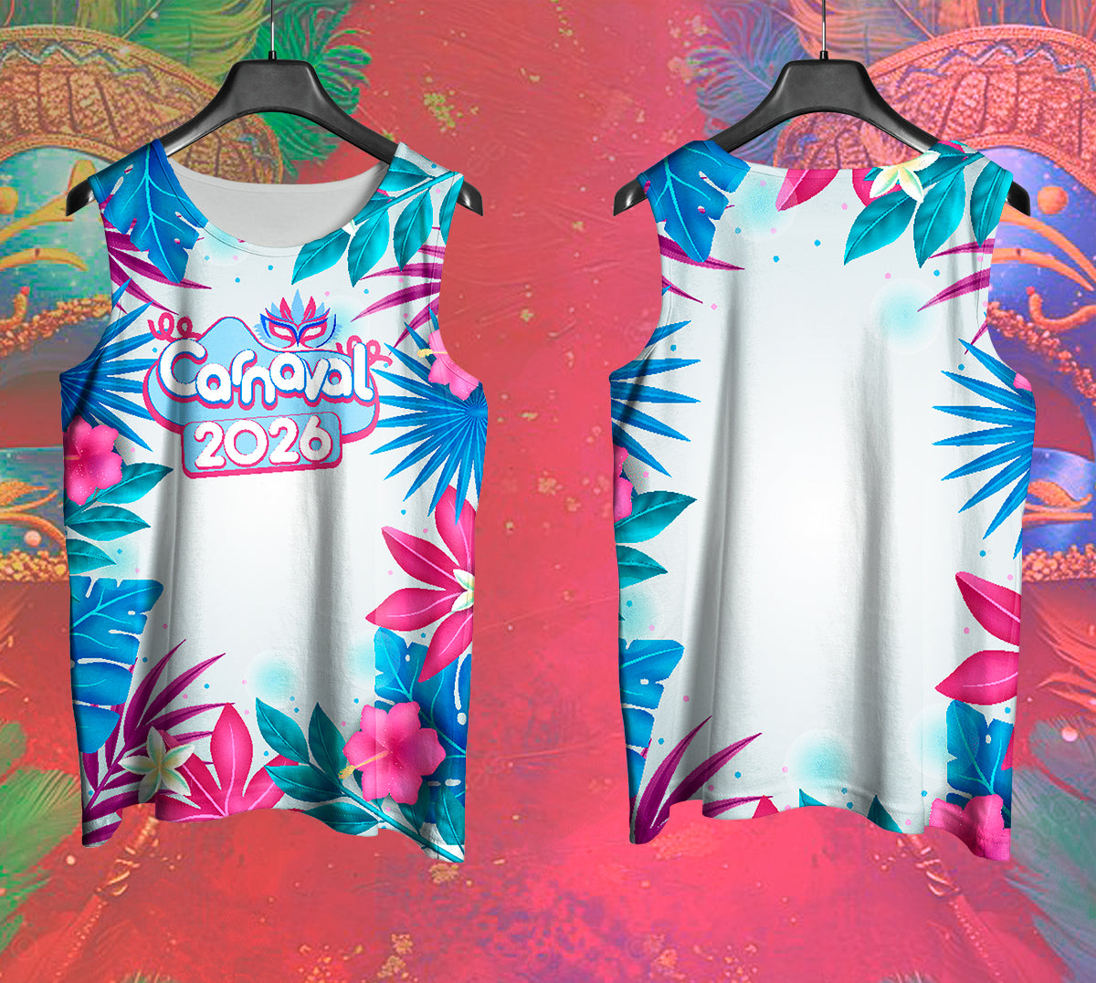 Mockup frente e costas do abada Carnaval 2026 Folhas e Flores com fundo de Carnaval vermelho.