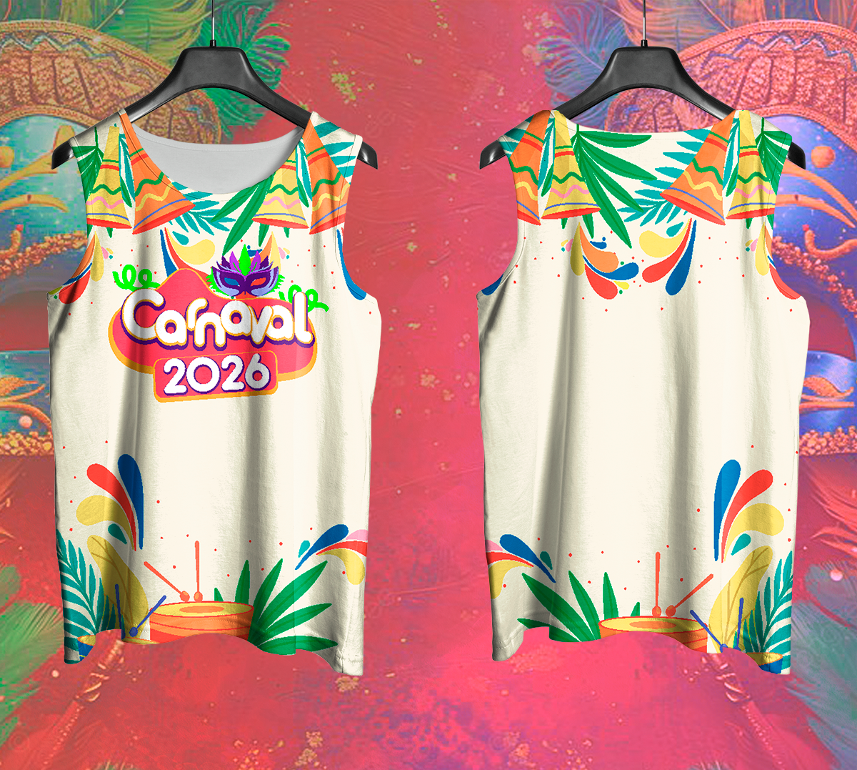 Arte Vetor Abadá Carnaval 2026 Instrumentos Musicais - Mockup Frente e Costas em Cenário Carnaval
