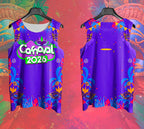 Mockup frente e costas do abada Carnaval 2026 Máscaras e Flores com fundo de Carnaval vermelho.