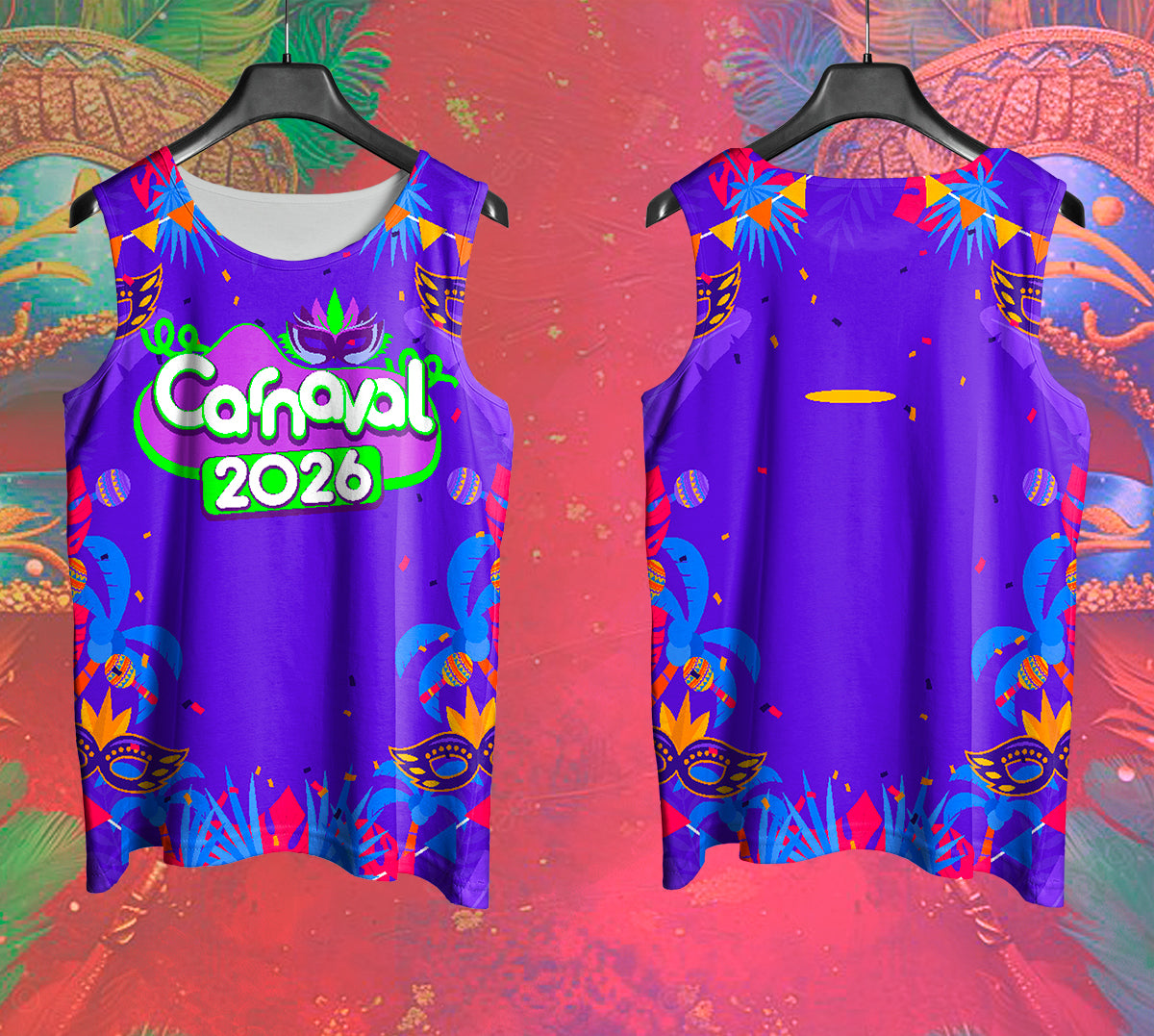 Mockup frente e costas do abada Carnaval 2026 Máscaras e Flores com fundo de Carnaval vermelho.