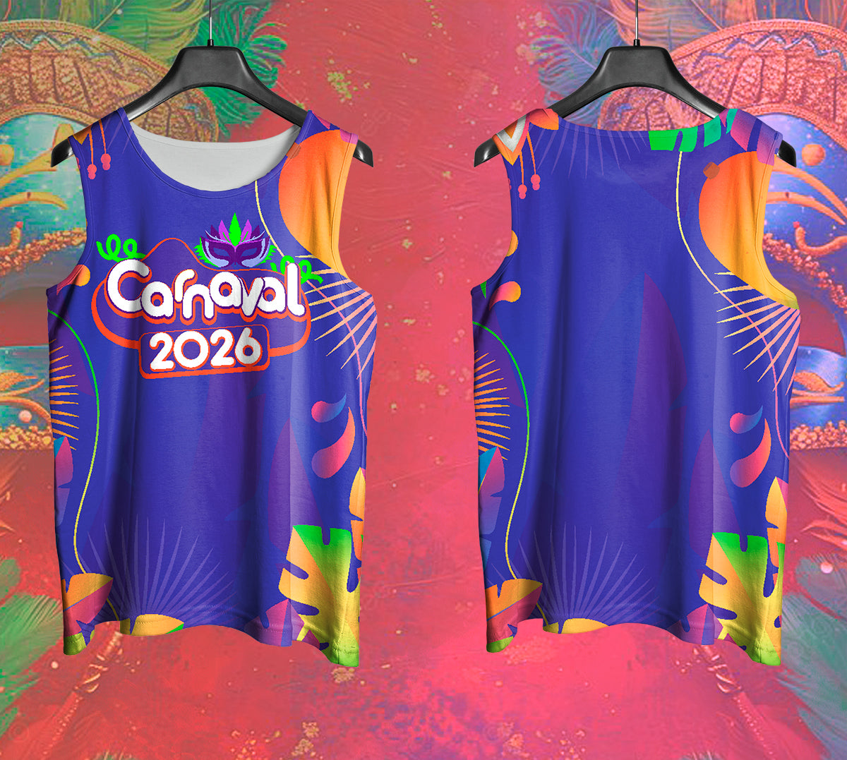 Arte Vetor Abadá Carnaval 2026 Roxo com Flores Coloridas - Mockup Frente e Costas em Cenário Carnaval
