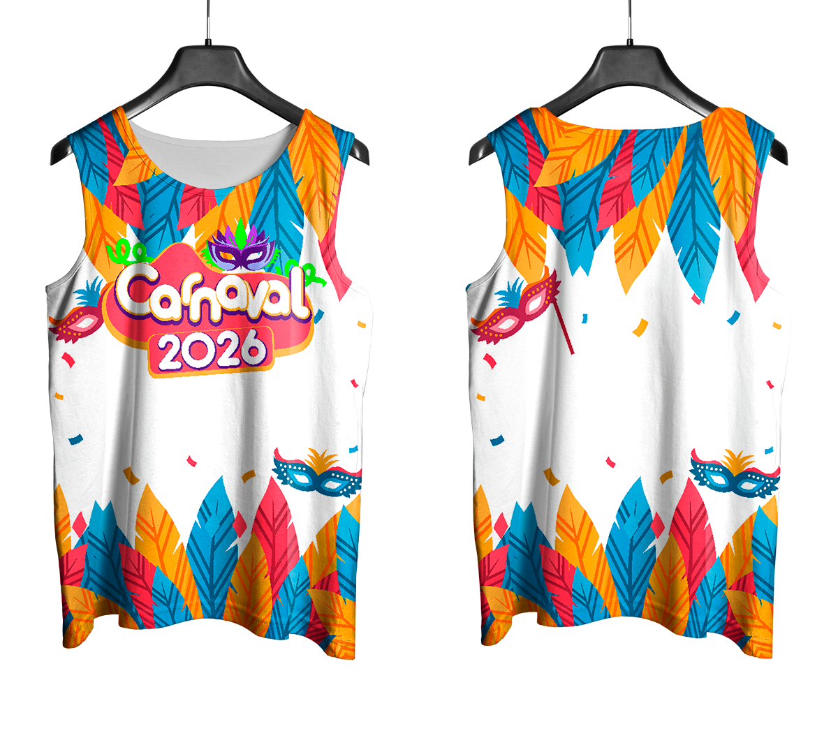 Arte Vetor Abadá Carnaval 2026 Máscara e Folhas Coloridas - Mockup Frente e Costas com Fundo Transparente

