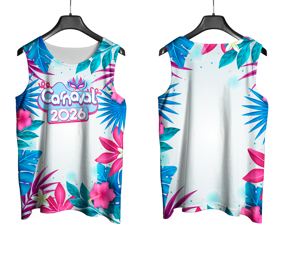 Mockup frente e costas do abada Carnaval 2026 Folhas e Flores em fundo transparente.