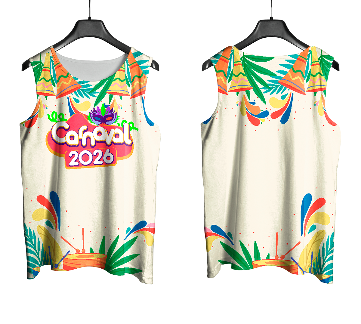 Arte Vetor Abadá Carnaval 2026 Instrumentos Musicais - Mockup Frente e Costas com Fundo Transparente
