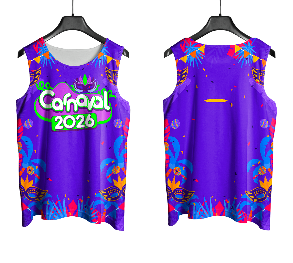 Mockup frente e costas do abada Carnaval 2026 Máscaras e Flores em fundo transparente.